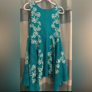 Knitworks girls dress size 14 embroidered flowers lace overlay turquoise